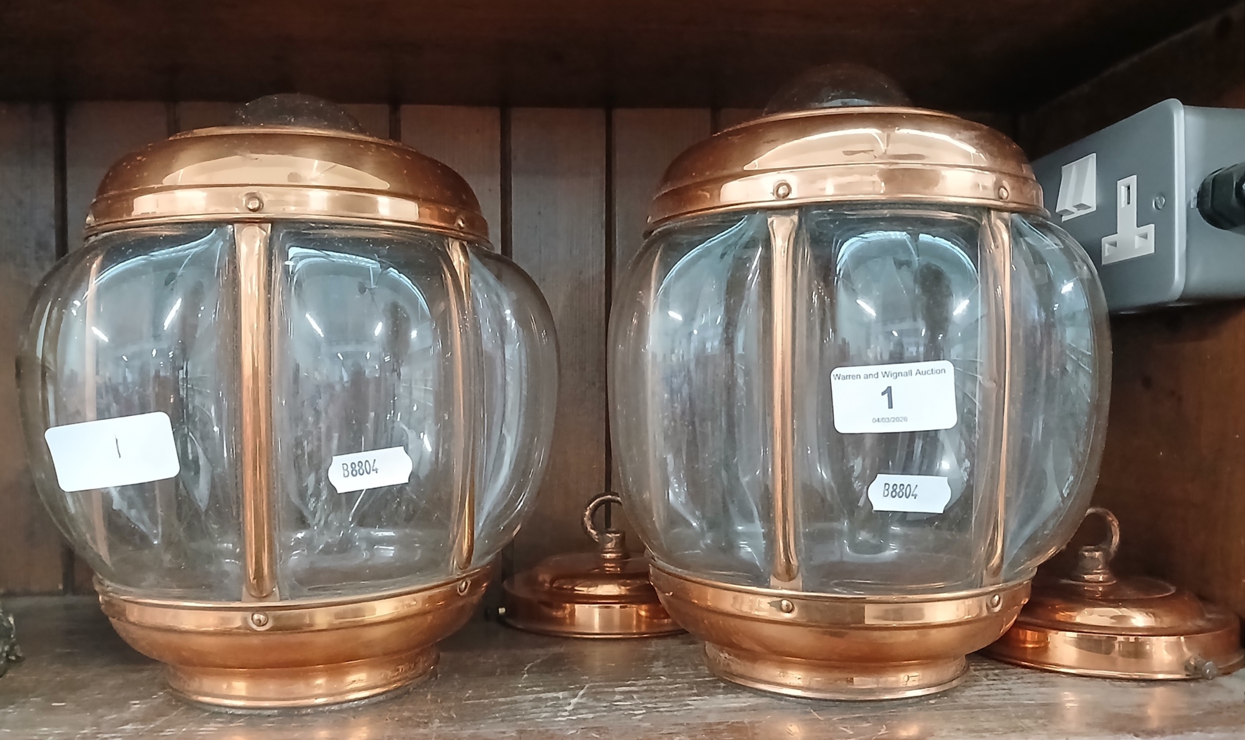 Pair of copper and glass cabin lanterns