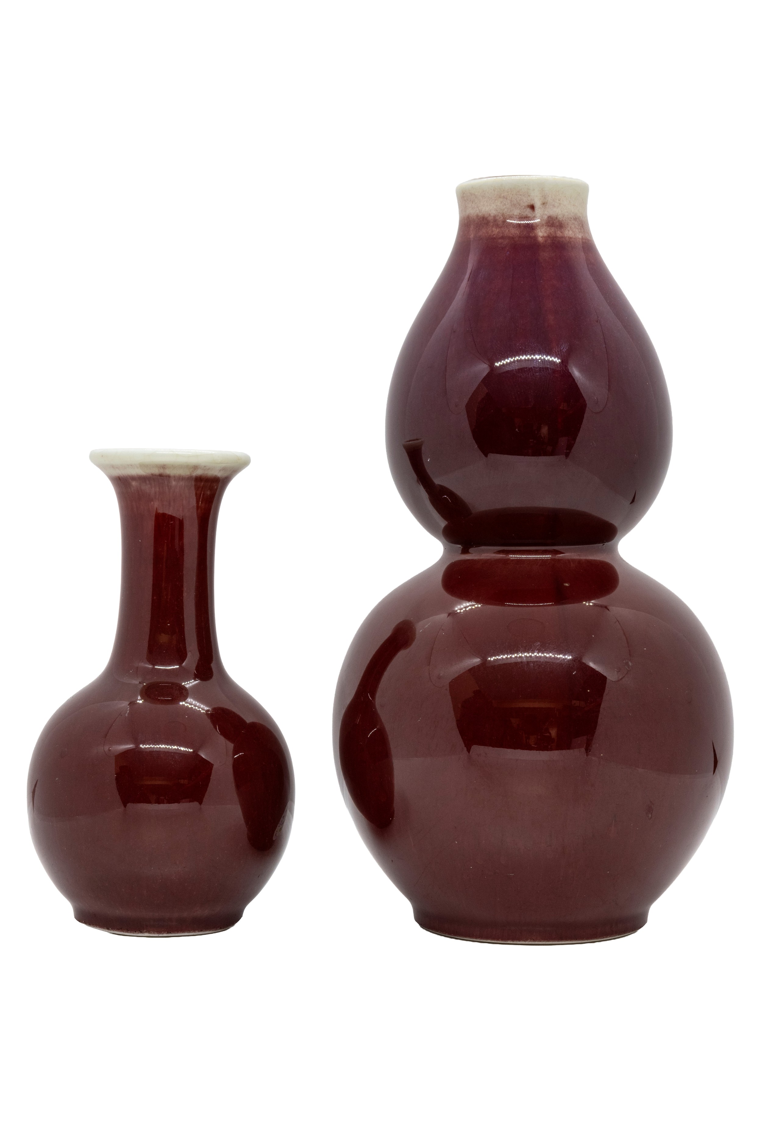 Chinese flambe-glazed double gourd vase with sang de boeuf style glaze