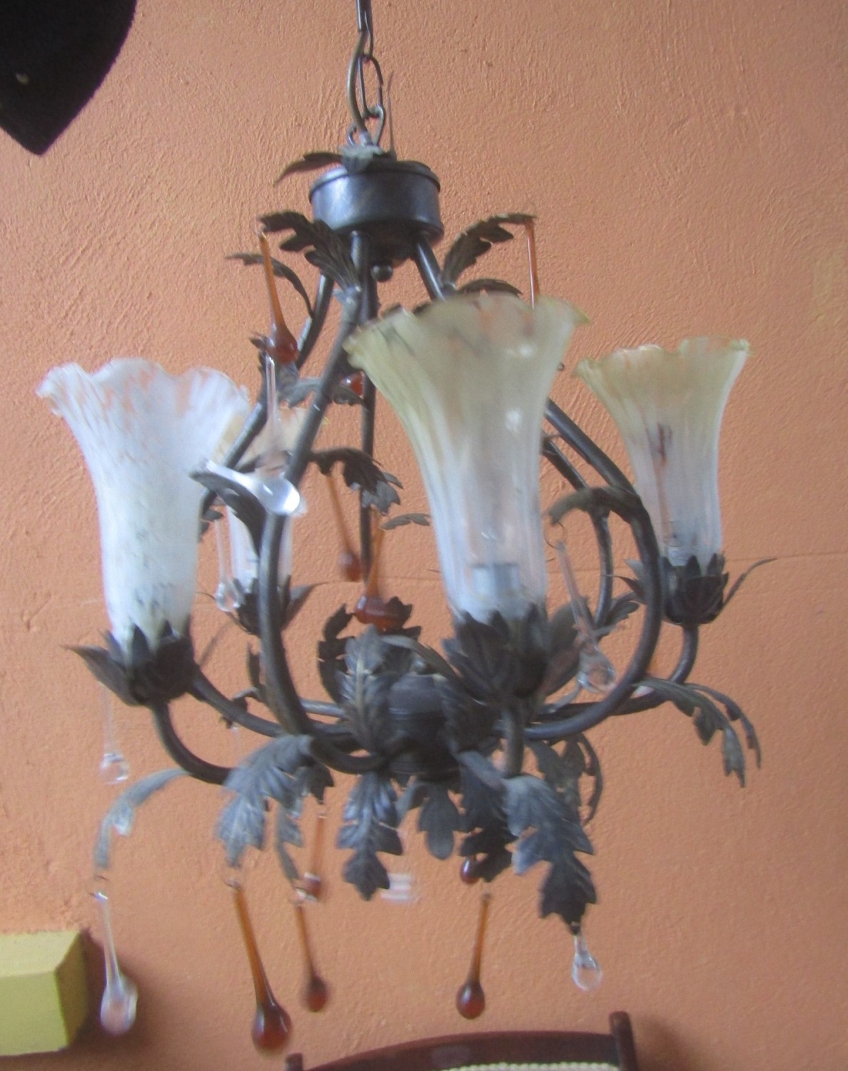 Vintage five-sconce tulip shade chandelier with chain and ceiling rose