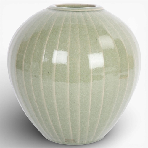 Andrew Crouch studio pottery stoneware vase with fluted sides and celadon glaze