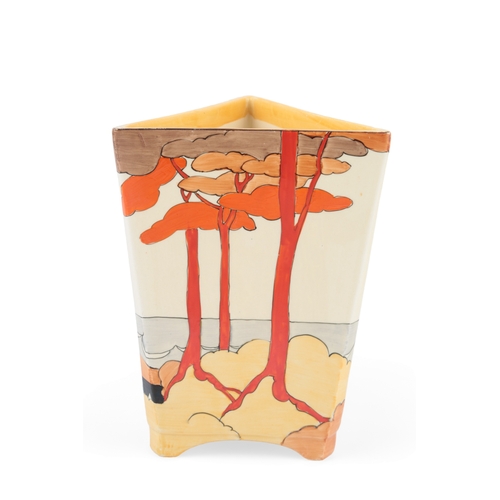Clarice Cliff Bizarre Coral Firs triangular vase, shape 200