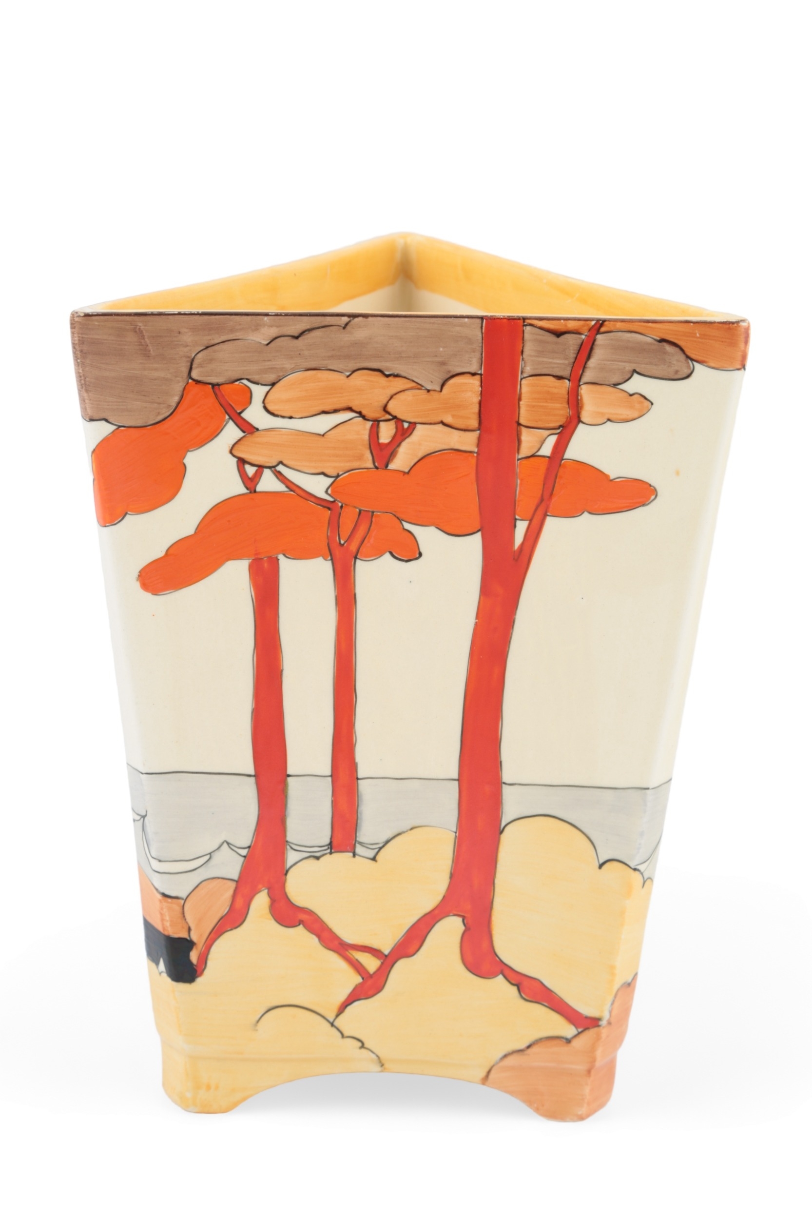 Clarice Cliff Bizarre Coral Firs triangular vase, shape 200