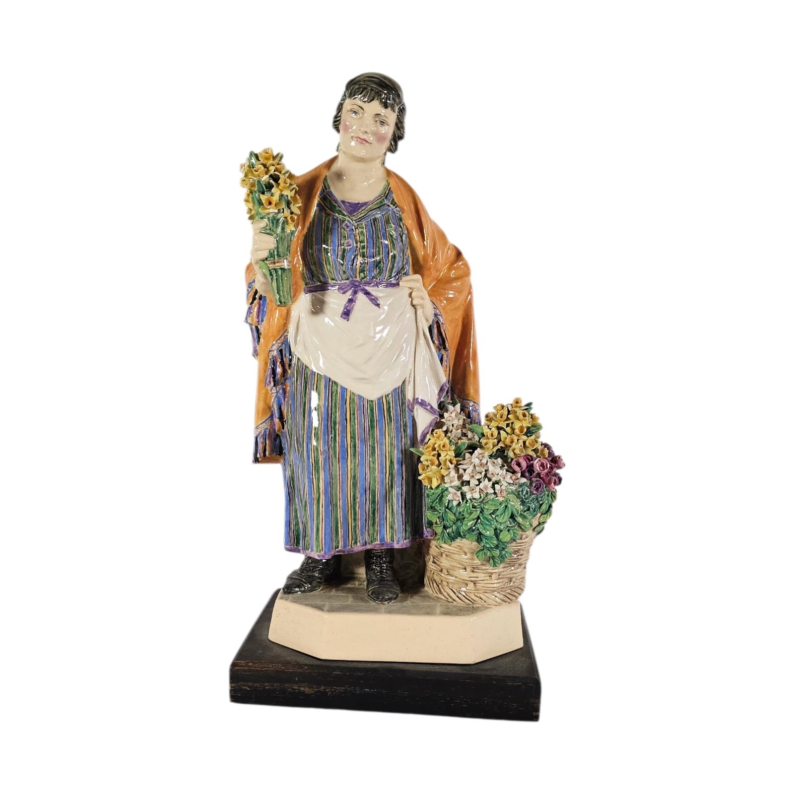 Charles Vyse The Daffodil Woman studio pottery figurine with striped dress and basket of flowers