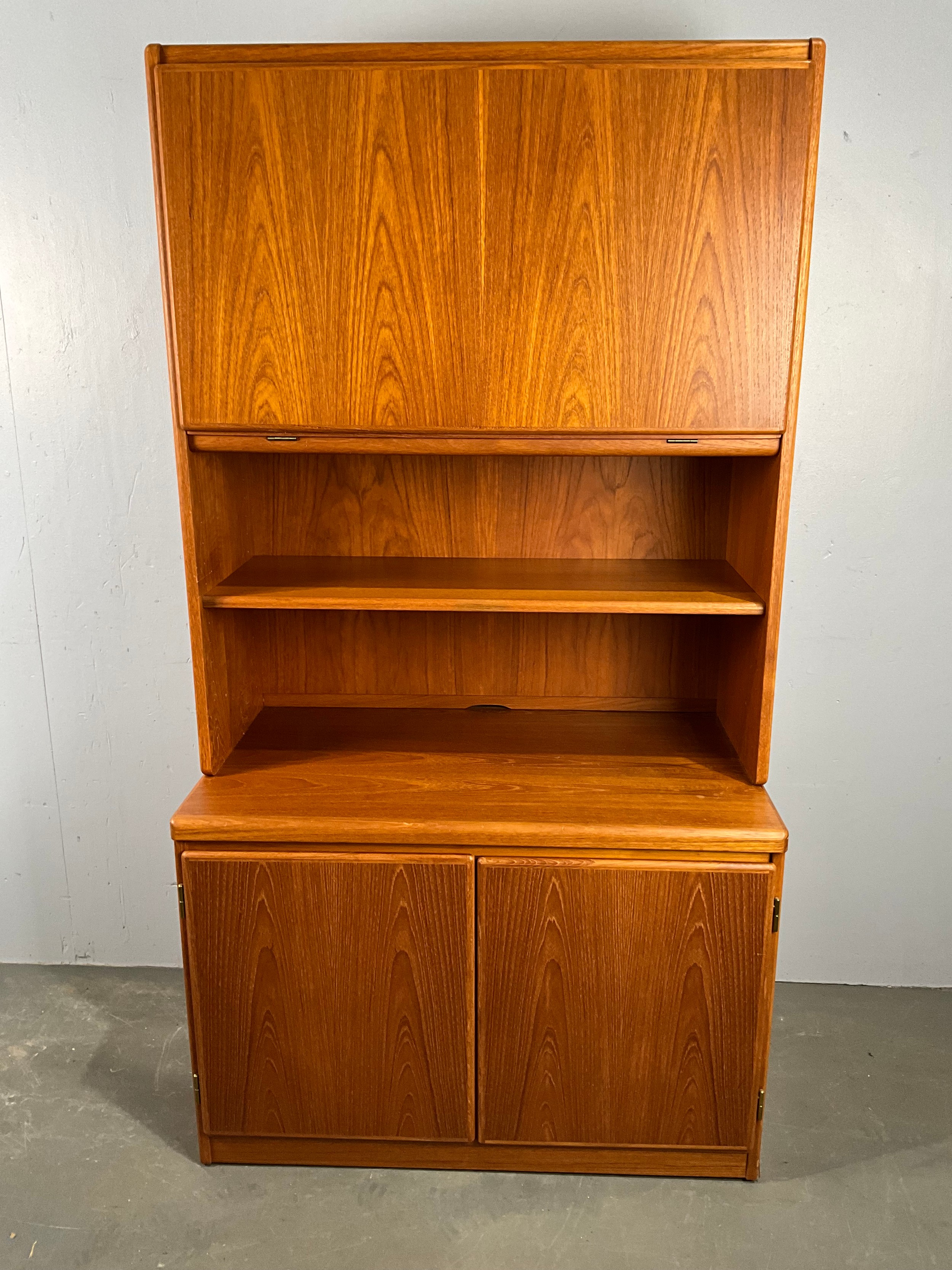 Omann Danish late-century sideboard wall unit with cupboard doors, shelves, and drinks cabinet