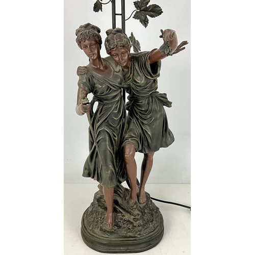 Large Widdop Bingham & Co Tiffany-style figurine lamp with stained-glass-effect shade and two female figures forming the base