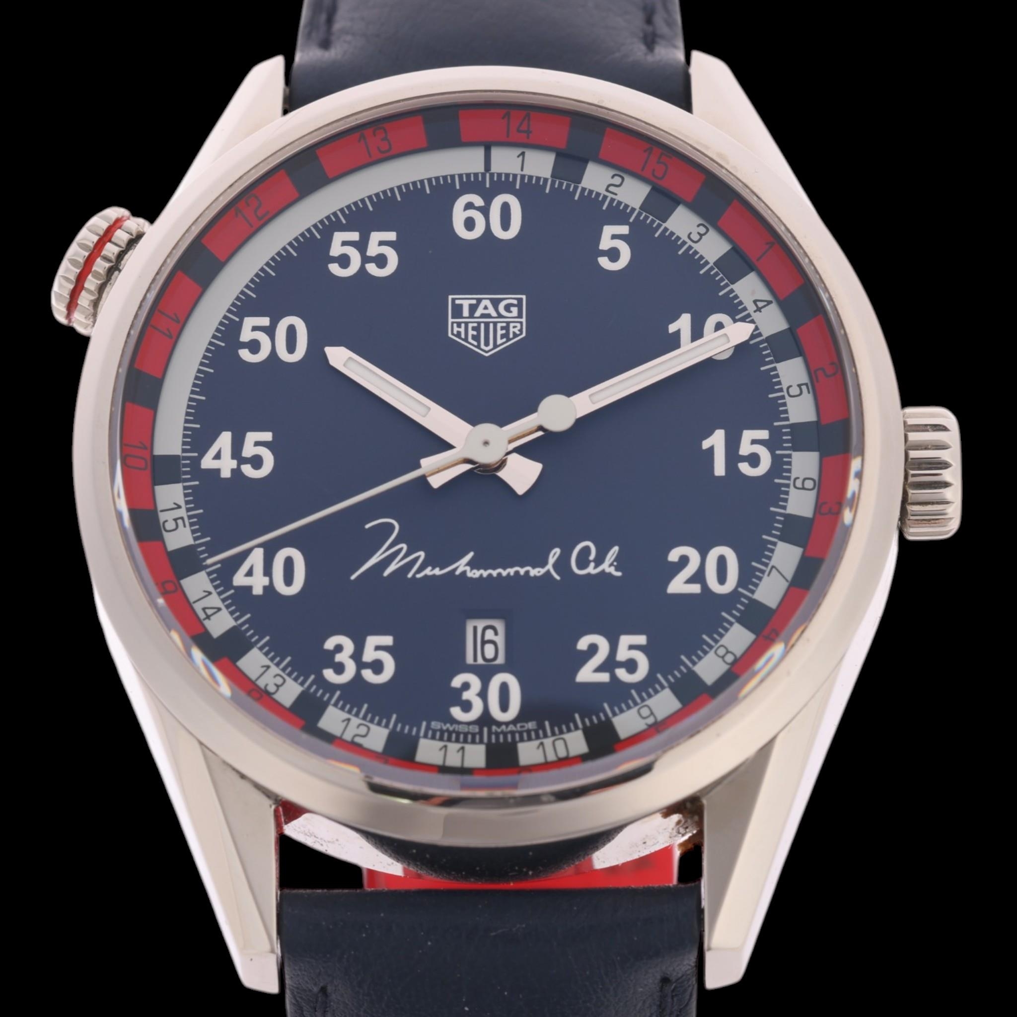 TAG Heuer Carrera Muhammad Ali limited-edition automatic wristwatch with blue dial, red and black boxing scale flange, and perforated blue leather strap