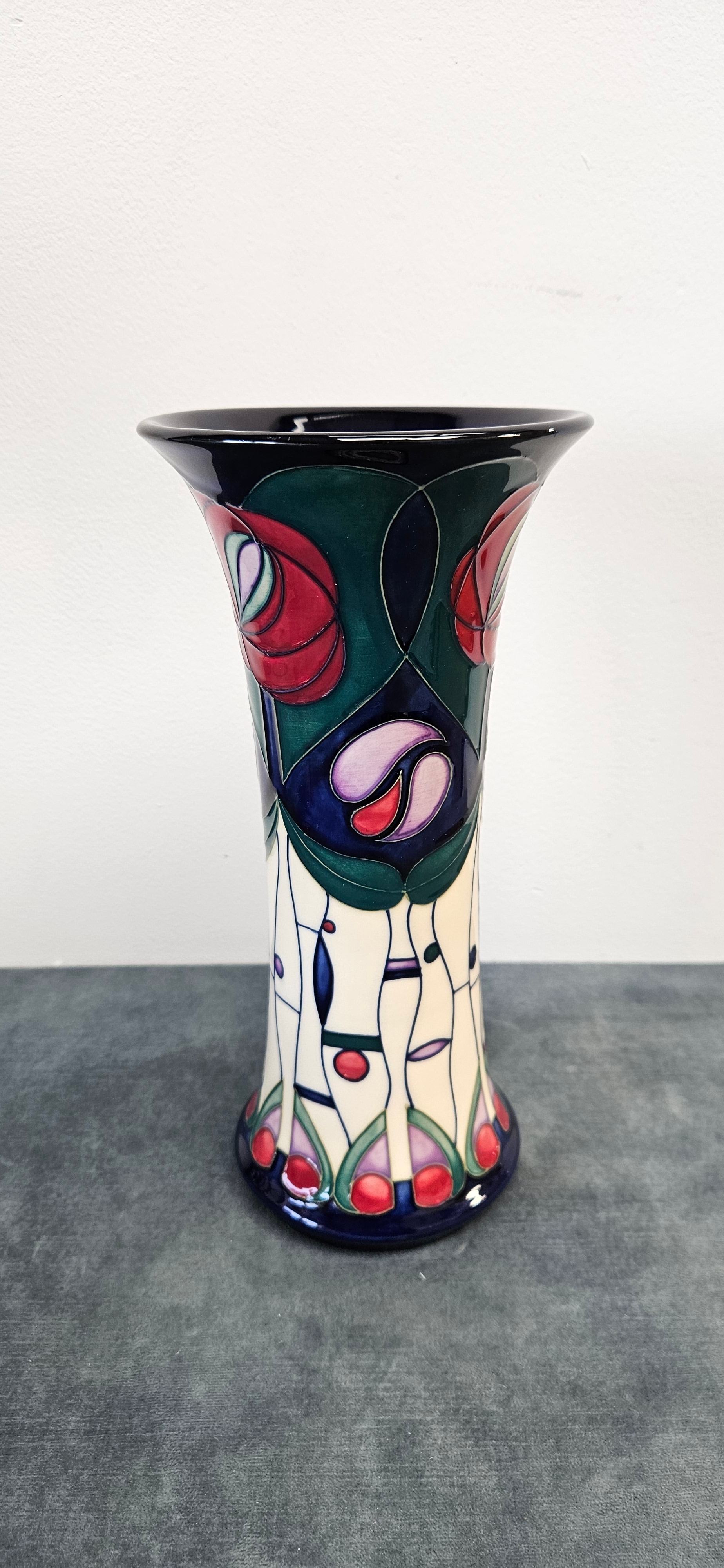 Moorcroft Pottery vase in the Tribute to Charles Rennie Mackintosh pattern designed by Rachel Bishop