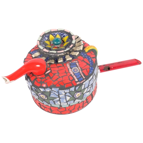 Cleo Mussi Red Elephant wall hanging sculpture made from ceramic mosaic on a saucepan