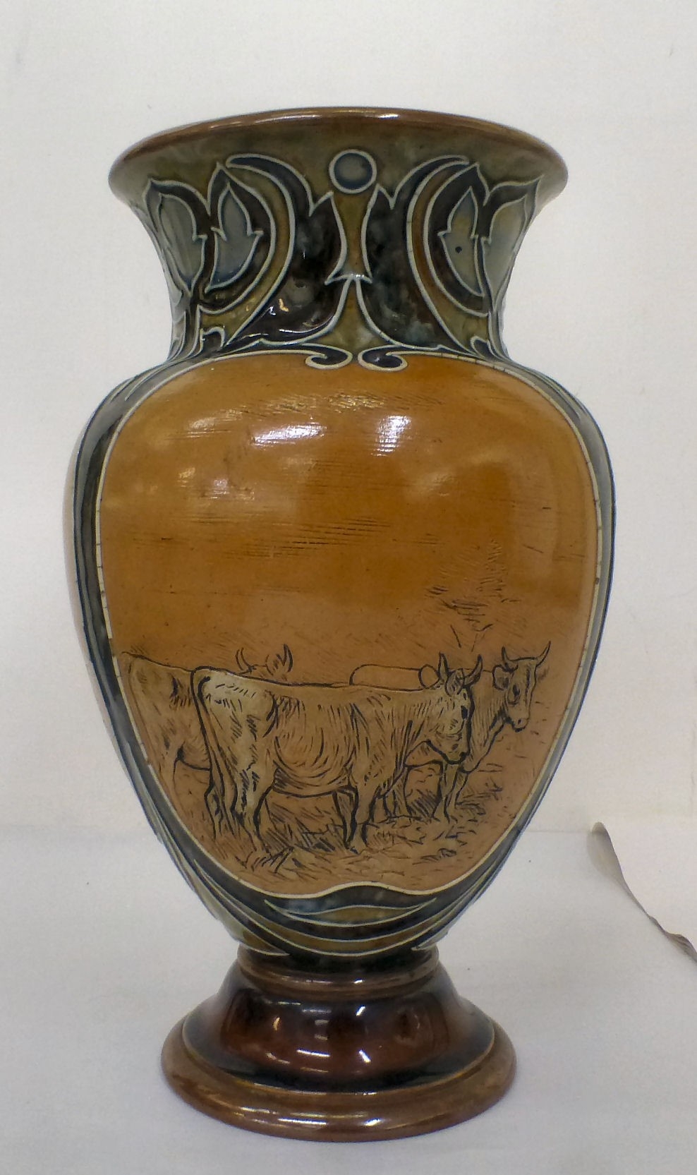 Hannah Barlow Doulton Lambeth stoneware vase decorated with cattle