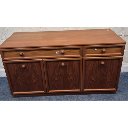 G Plan mid-century teak sideboard with two drawers above three cupboard doors