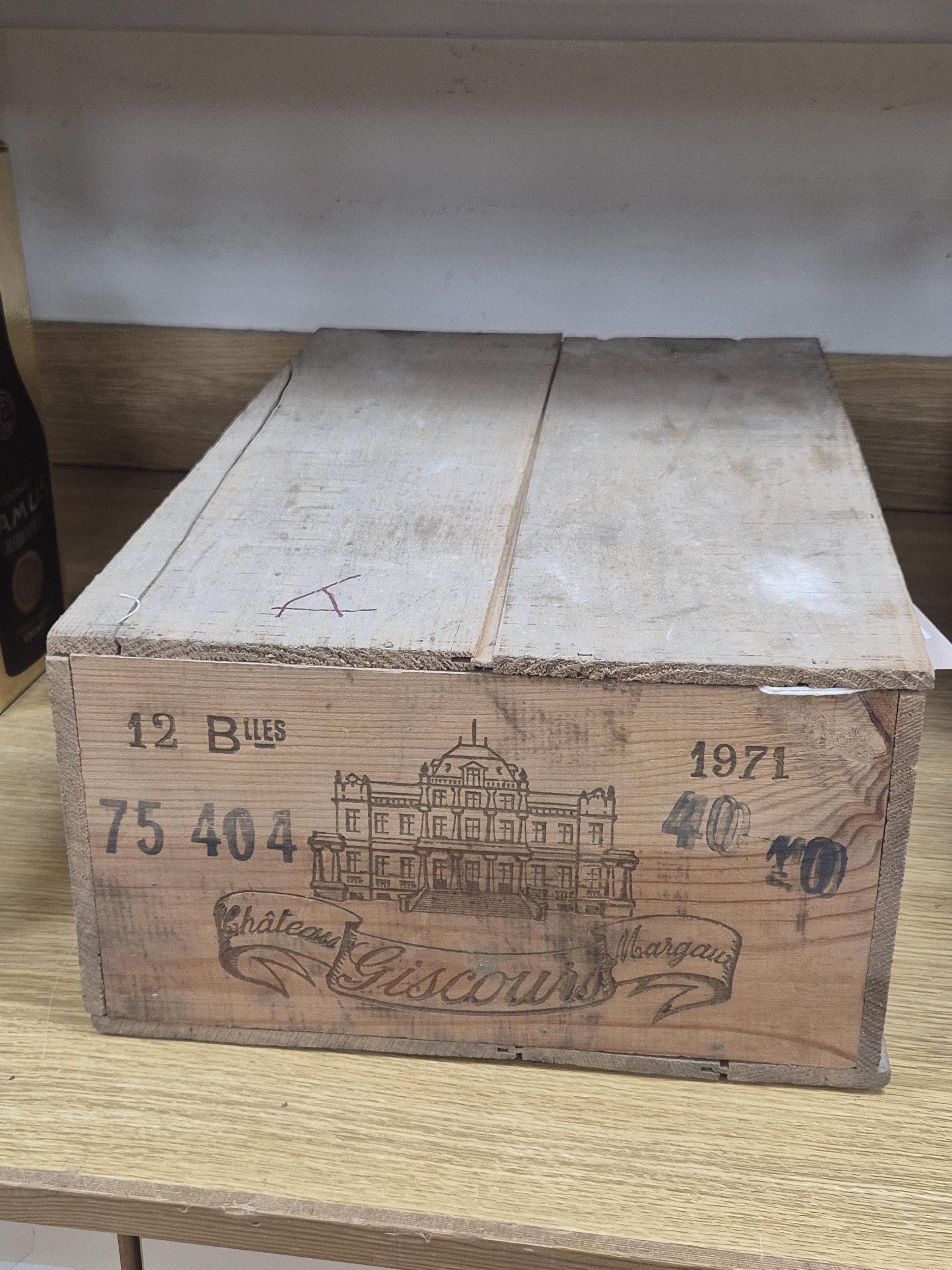 Original wooden case of 1971 Château Giscours Margaux bottles