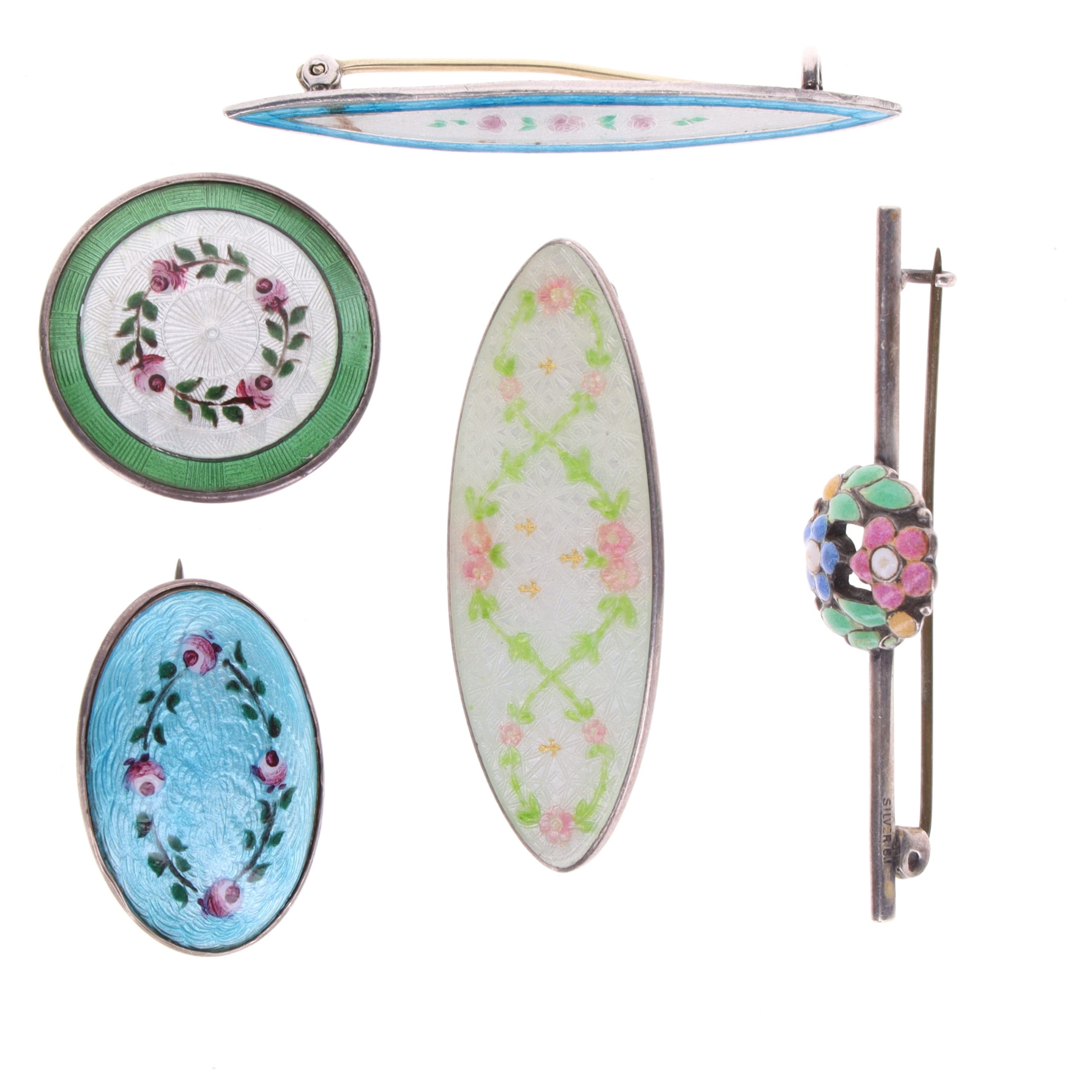 Antique enamel sterling silver brooch collection including Charles Horner