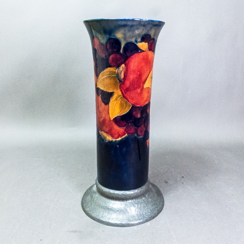 Large Moorcroft Pomegranate pattern cylindrical vase with flared rim on a pewter base