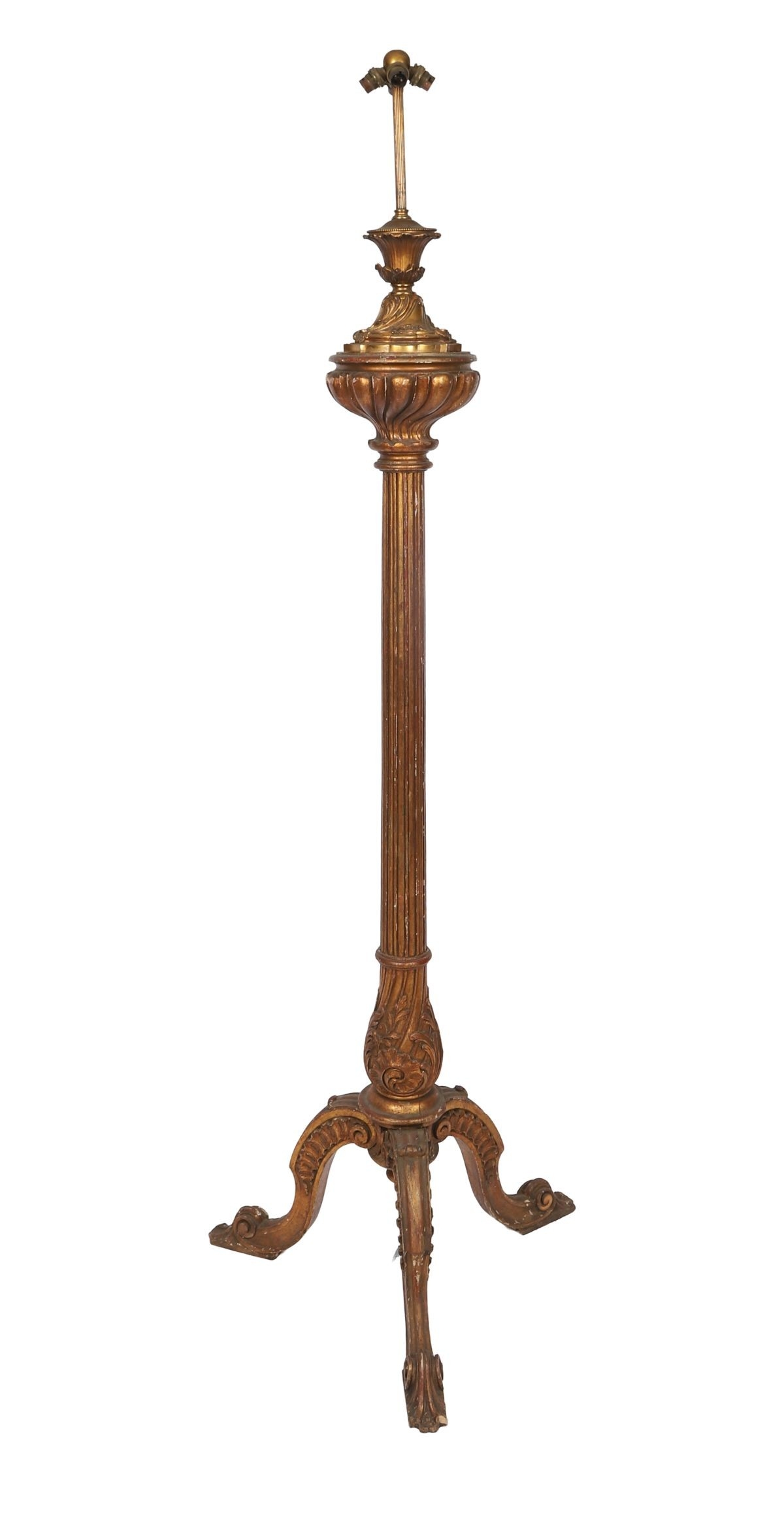 Late 19th-century carved giltwood standard lamp with fluted column, acanthus-carved capital, and triform scrolling base