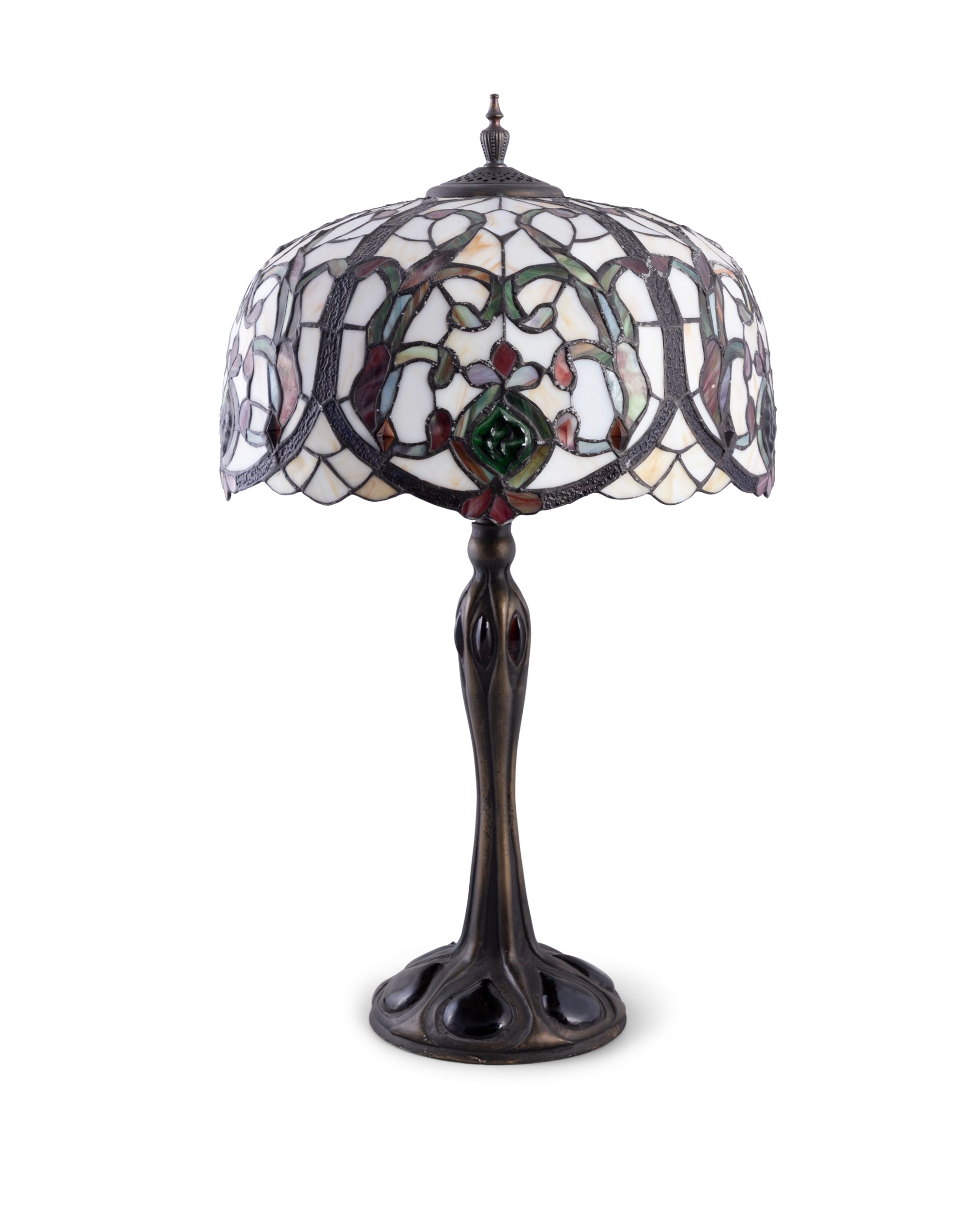 Tiffany-style table lamp with stained-glass mosaic shade on a tapering column base