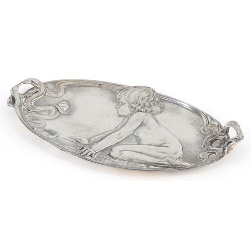 WMF German Art Nouveau silver-plated tray with a kneeling child, snail, and flowing twin handles