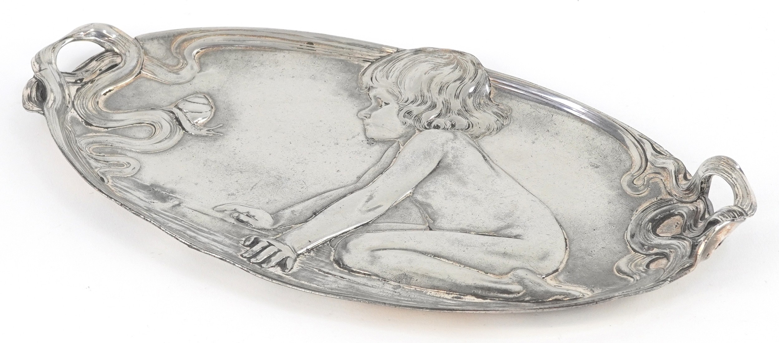 WMF German Art Nouveau silver-plated tray with a kneeling child, snail, and flowing twin handles