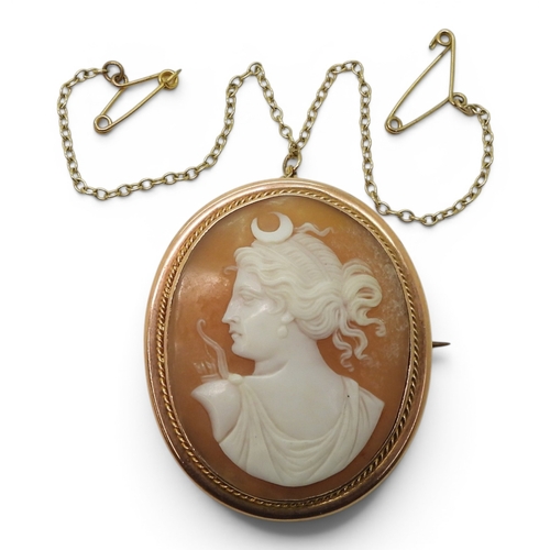 Shell cameo brooch of the Goddess Selene in profile, mounted in a 9ct gold frame