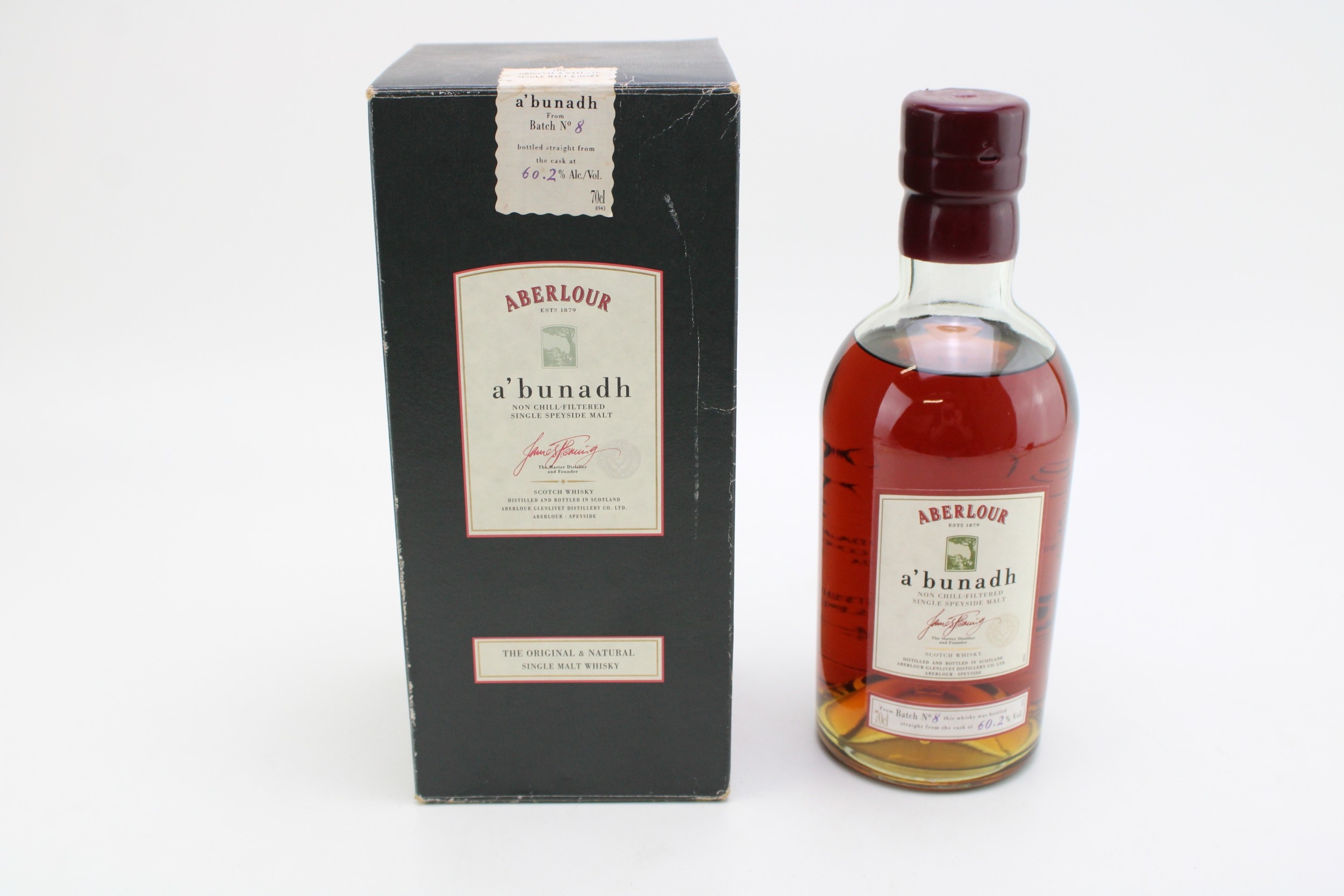 Boxed Aberlour a'bunadh batch No. 8 single malt whisky beside its black presentation carton