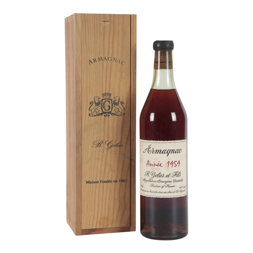 1959 Maison G&eacute;las Vintage Bas Armagnac bottle in its wooden presentation case