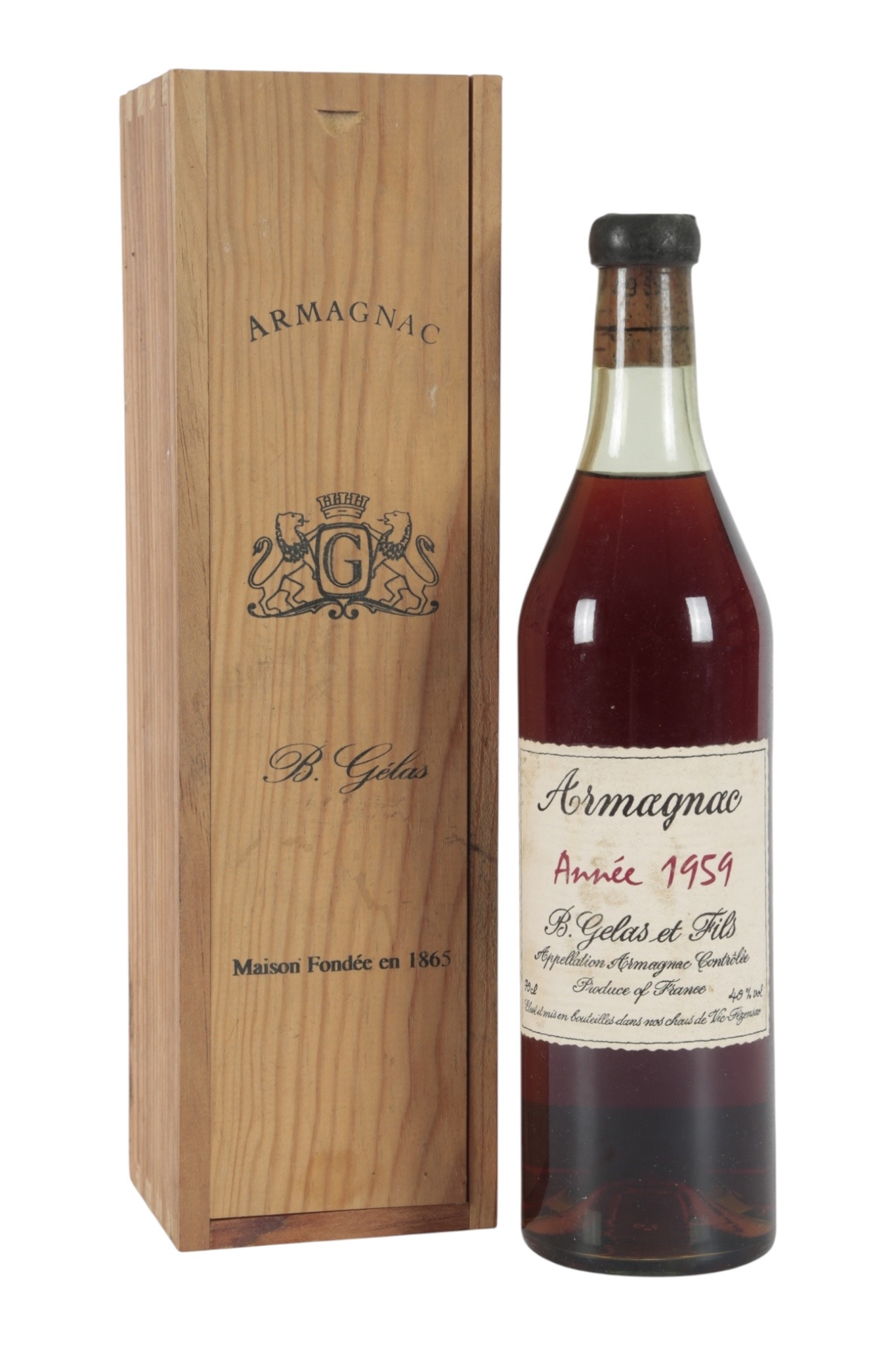 1959 Maison G&eacute;las Vintage Bas Armagnac bottle in its wooden presentation case